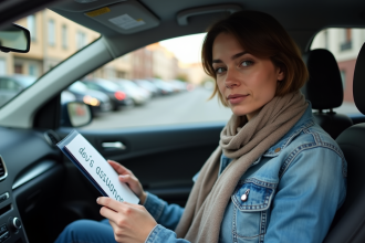 Femme en voiture regardant un devis d'assurance
