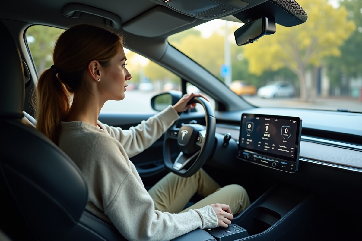 Jeune femme regardant le tableau de bord d