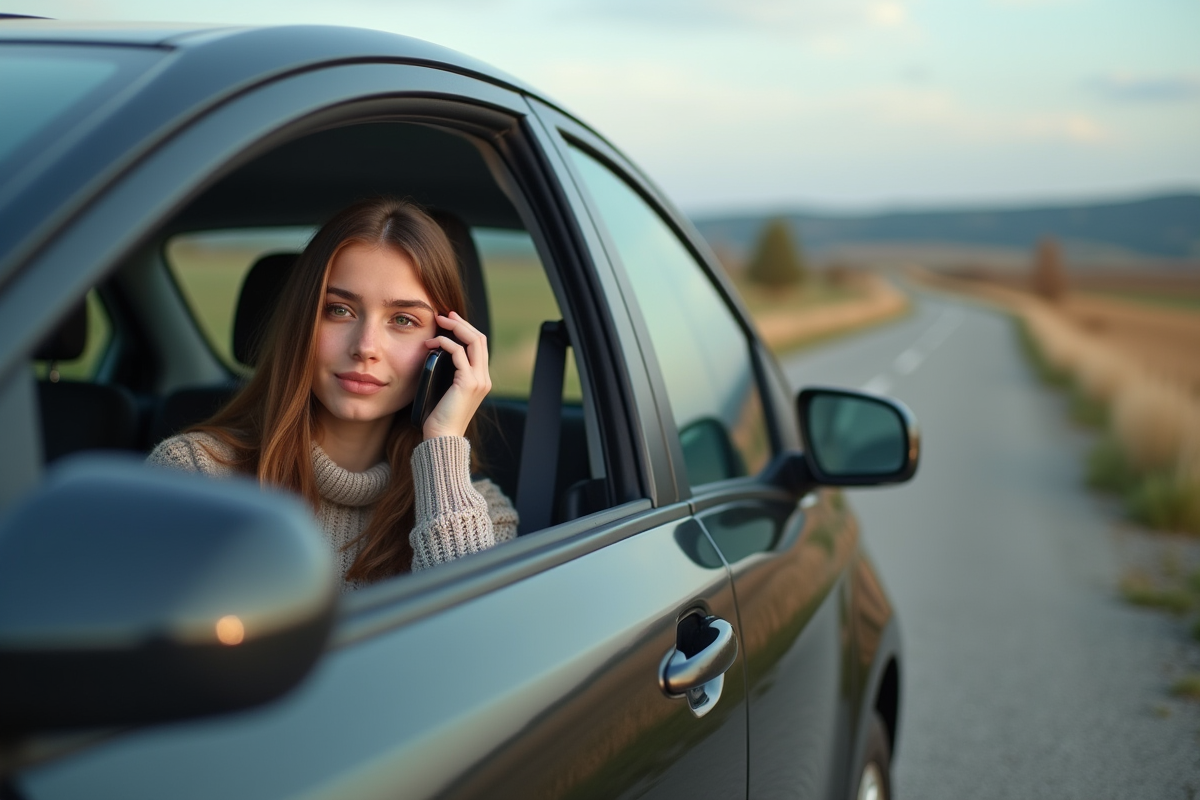Jeune femme dans sa voiture parlant en mains libres en campagne