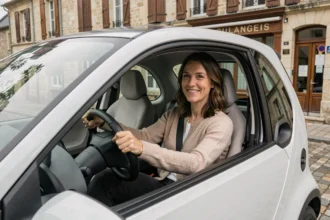 Femme souriante au volant d'une voiture sans permis garée dans une rue pavée de Caen