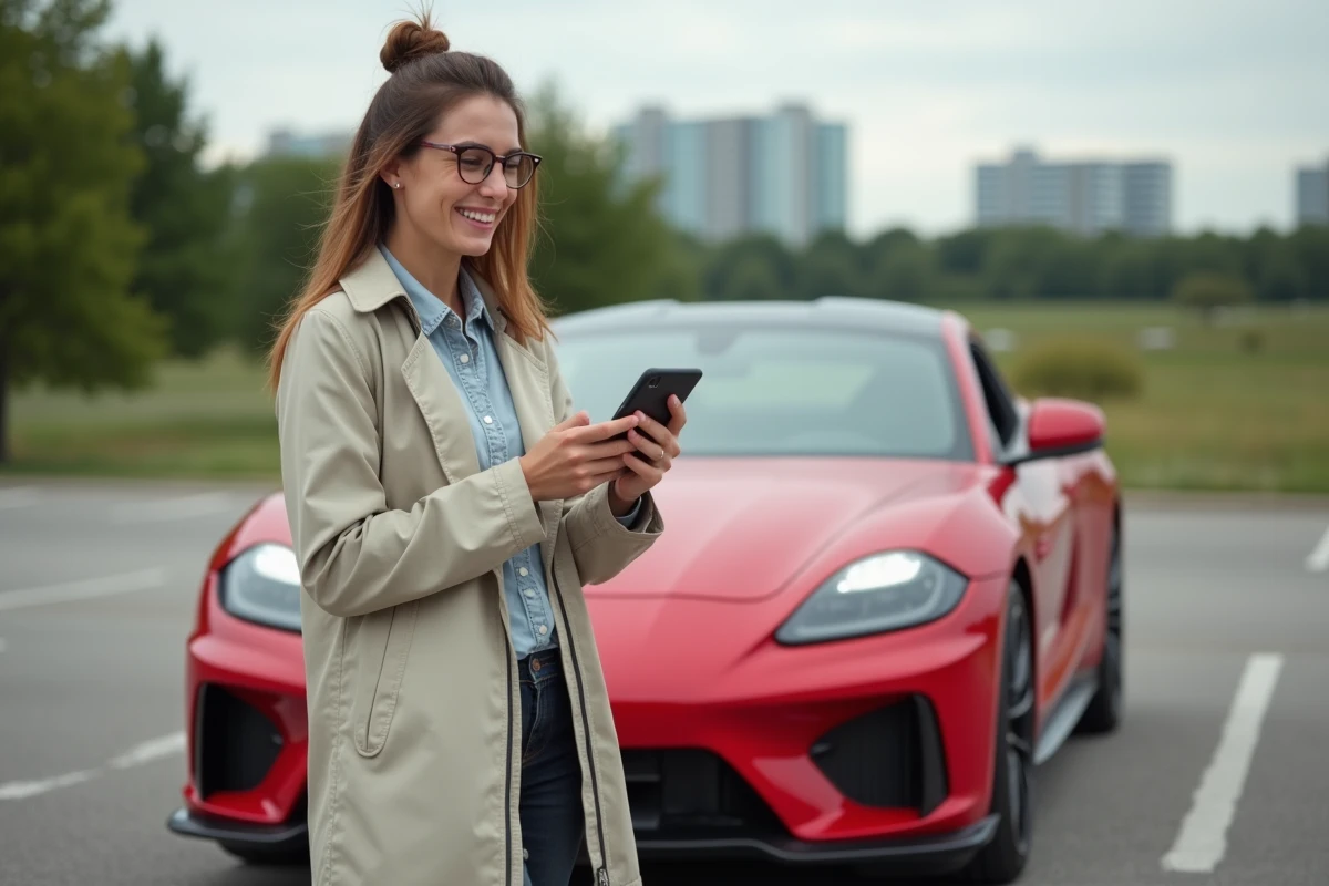 Femme comparant données de voiture avec smartphone en extérieur