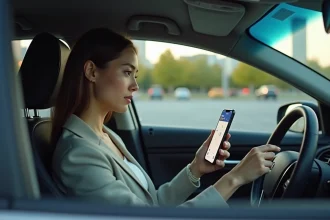 Jeune femme en voiture regardant son smartphone avec carte