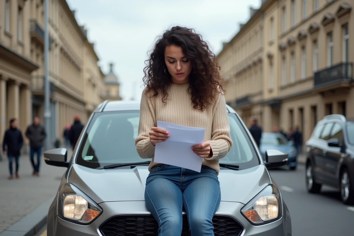 Jeune femme assise sur une voiture en ville regardant ses papiers
