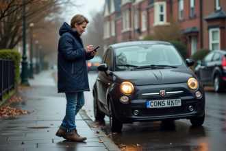 Femme en imperméable navy près d'une voiture en panne