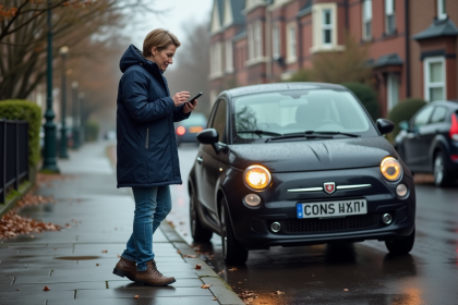 Femme en imperméable navy près d'une voiture en panne