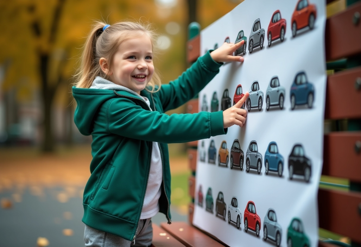 Jeune fille pointant un poster de logos de voitures