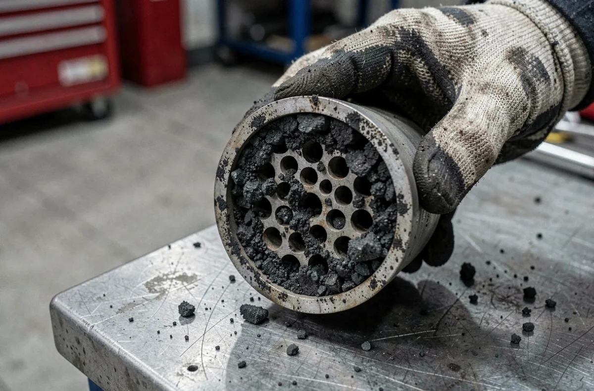 Filtre à particules FAP encrassé d'un moteur diesel 1.6 BlueHDi, colmatage dû aux trajets urbains courts