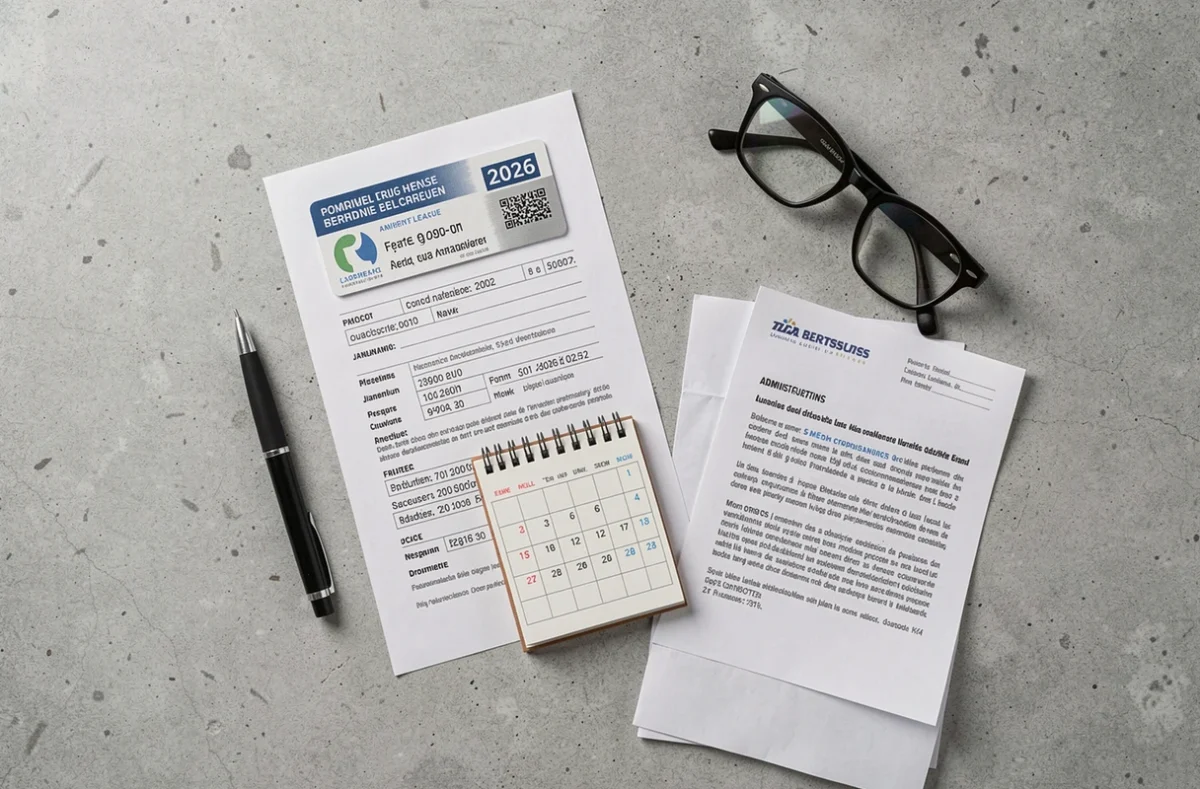 Vue de dessus d'un permis de conduire français posé avec un calendrier 2026 et des documents administratifs pour vérifier sa date de délivrance