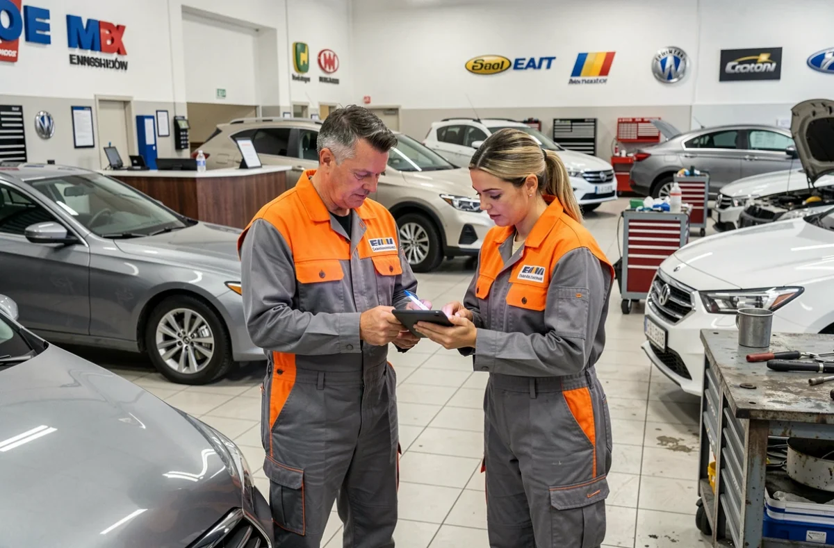 Deux mécaniciens du Garage C&C Autos travaillant sur un diagnostic multimarque en Haute-Savoie