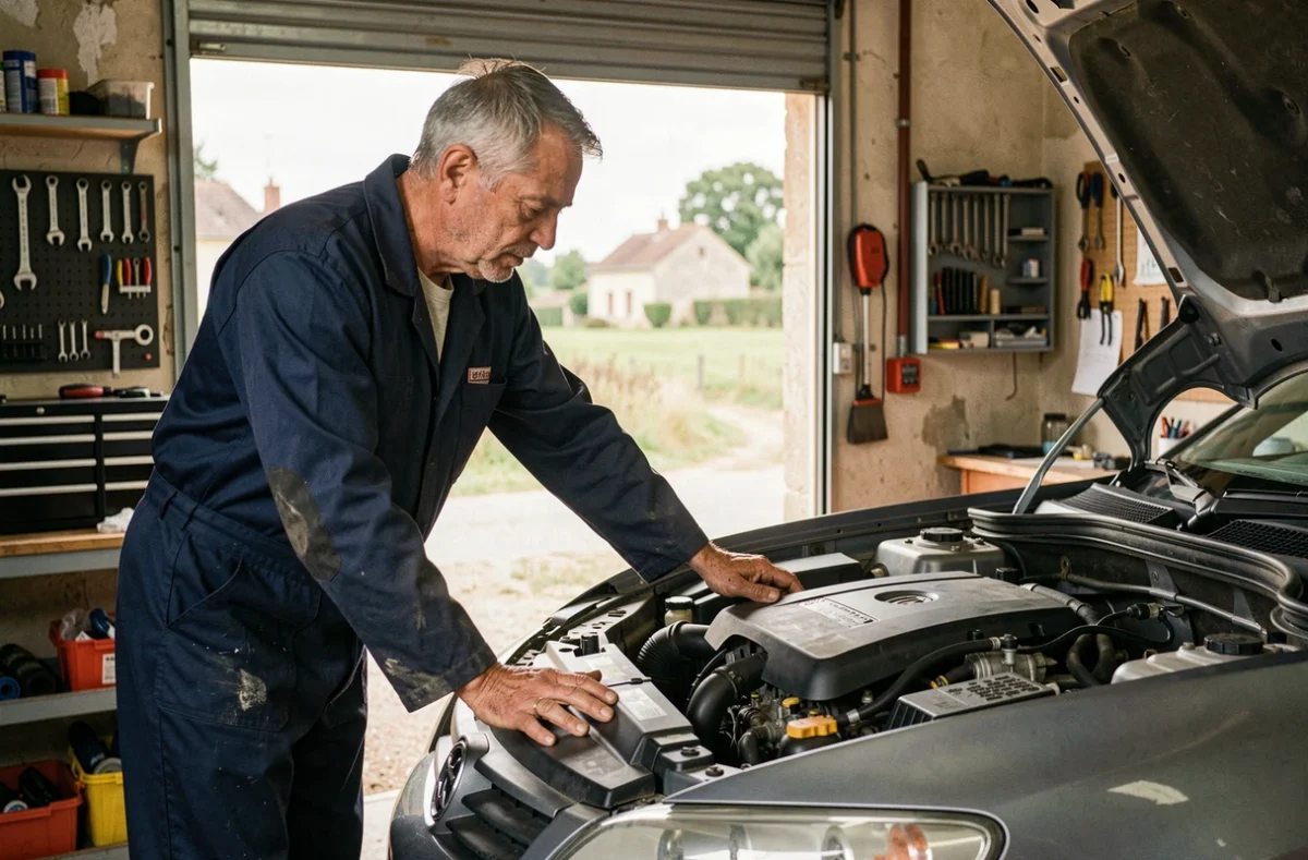 Mécanicien du Garage de Montbarrois inspectant le moteur d'une berline familiale