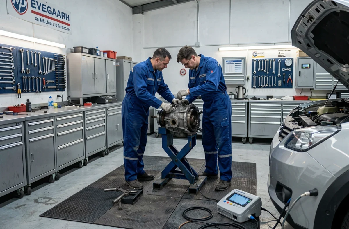 Deux mécaniciens du Garage Saint Vincent travaillant sur la transmission d'un véhicule
