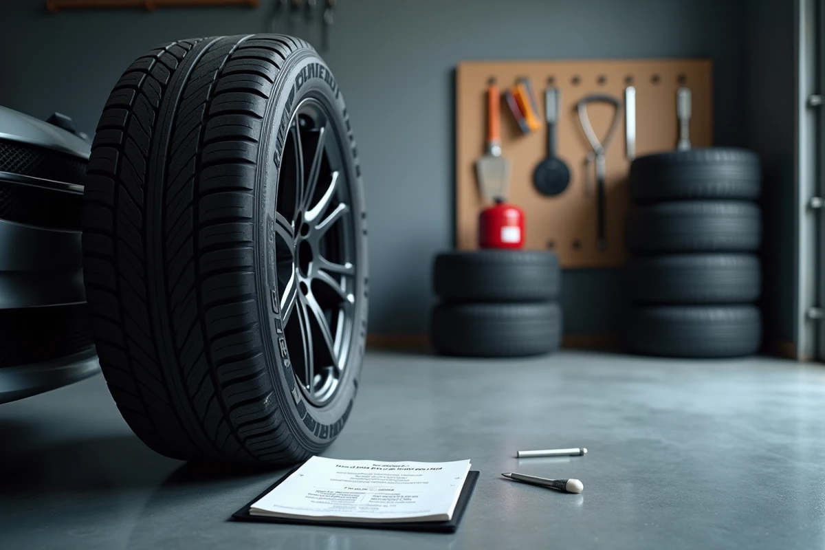 Gros plan sur les inscriptions d'indice de charge et d'indice de vitesse gravées sur le flanc d'un pneu hiver avec manuel du propriétaire