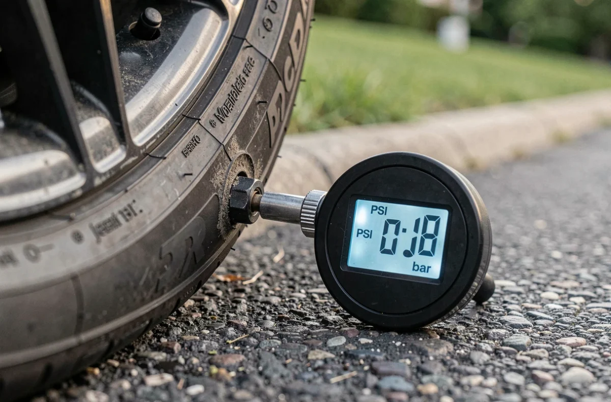 Gros plan sur un manomètre numérique affichant la pression en PSI et en bar sur la valve d'un pneu de voiture dans une allée résidentielle