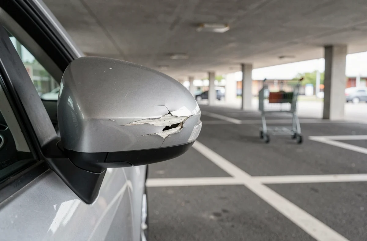 Gros plan sur une rayure de carrosserie de voiture dans un parking de centre commercial, dégâts typiques nécessitant une assurance auto adaptée