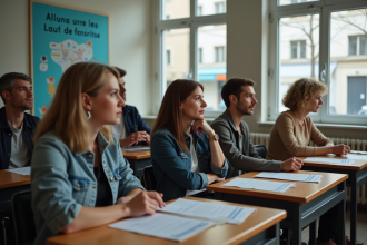 Groupe d'adultes en formation dans une salle moderne