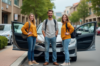 Trois adultes souriants près d'une voiture moderne dans un quartier résidentiel