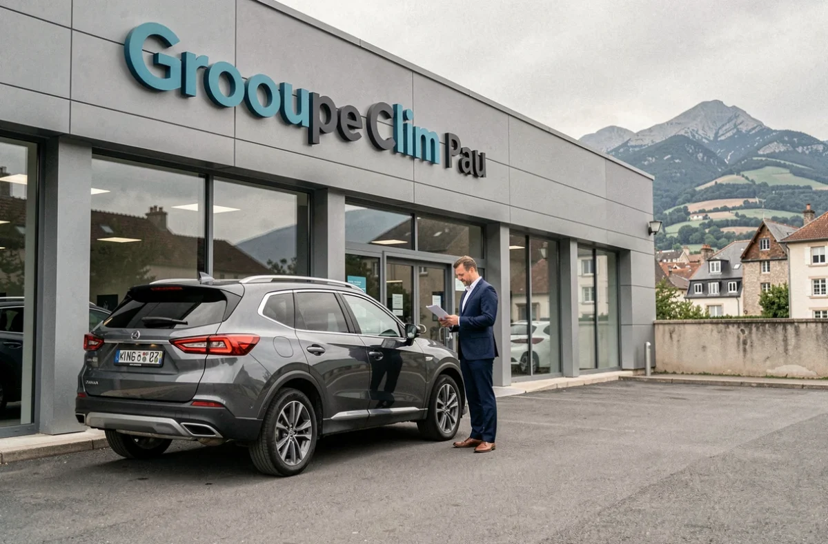 Façade de l'agence Groupe Clim à Pau avec un conseiller et un SUV devant l'entrée avec les Pyrénées en arrière-plan