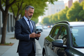 Homme d'affaires avec smartphone à côté de sa voiture moderne