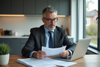 Homme d'affaires examine documents de garantie dans une cuisine moderne