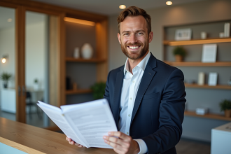 Homme souriant en assurance à la réception d'une agence moderne
