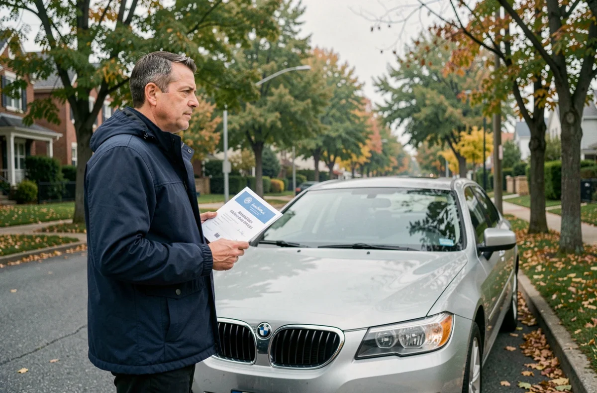 Homme tenant une attestation d'assurance auto devant sa voiture garée
