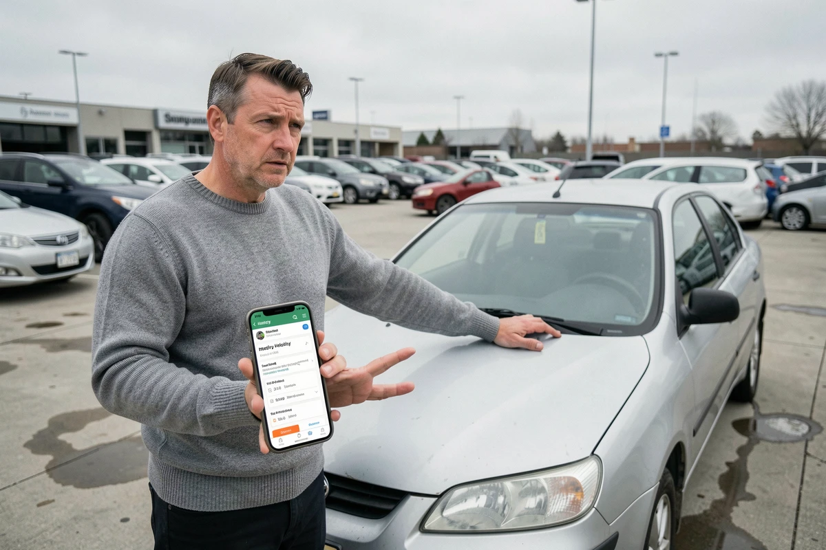 Homme consultant un bilan véhicule sur smartphone dans un parking de concessionnaire automobile