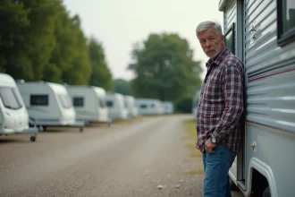 Homme d'âge moyen examine une caravane d'occasion à l'extérieur