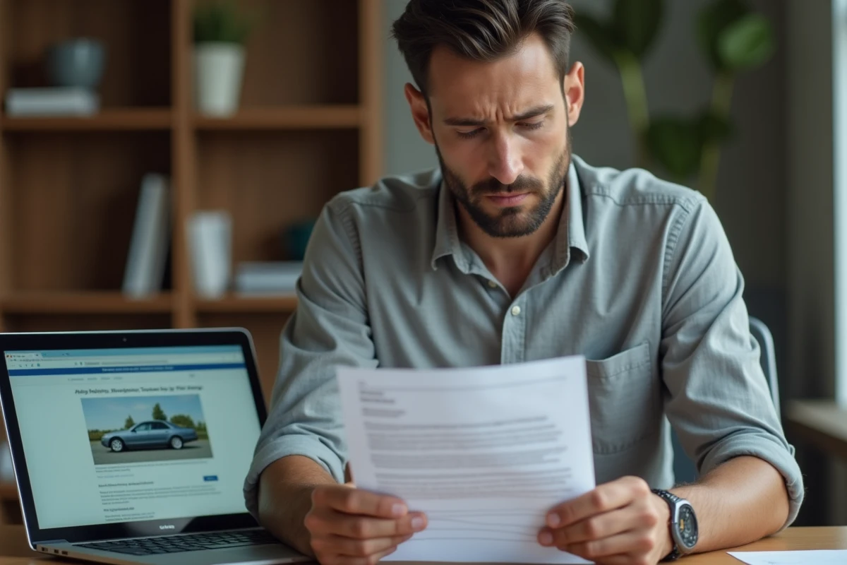 Homme consultant un certificat de cession véhicule froissé à son bureau avec un ordinateur ouvert sur le site ANTS