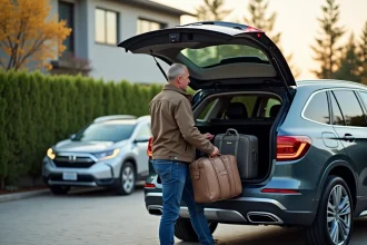 Homme chargeant des sacs dans un SUV en extérieur