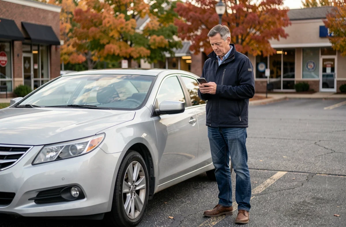 Homme comparant des offres d'assurance auto sur son téléphone près de sa voiture