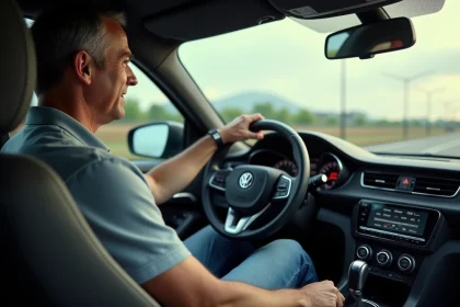 Homme d'âge moyen dans une voiture moderne sur autoroute
