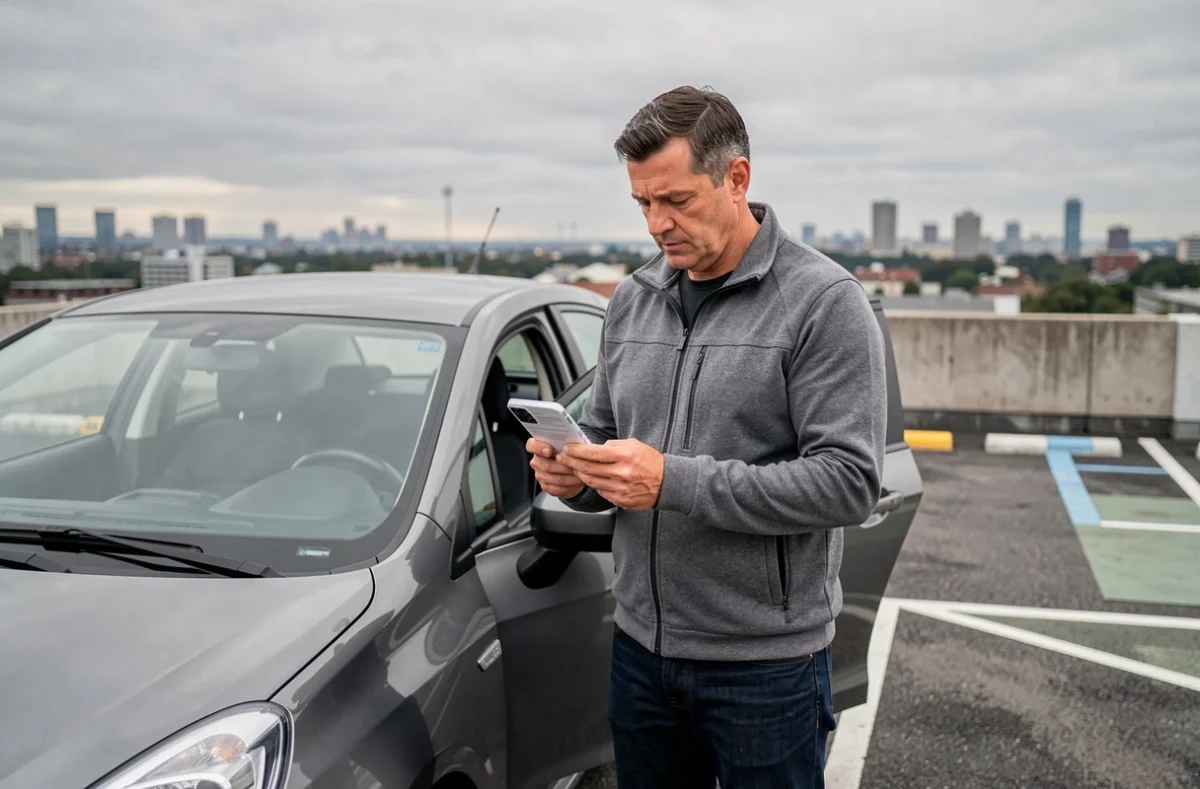 Homme consultant son assurance auto sur smartphone dans un parking extérieur, démarche de vérification de couverture assurance voiture en parking