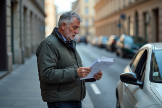 Homme d'âge moyen examinant un contrat voiture en ville