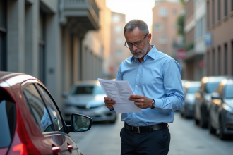 Homme examine un avis technique près de sa voiture en ville