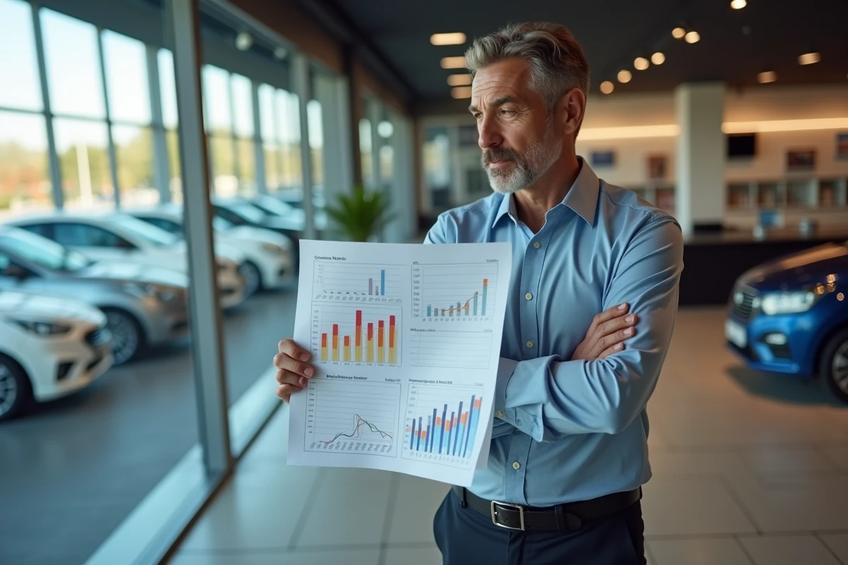Homme d affaires examinant un graphique de paiement voiture