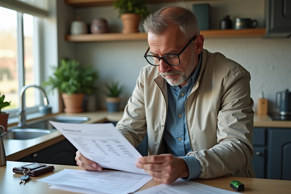 Homme vérifiant un devis de coûts de conduite dans sa cuisine