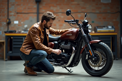 Homme en cuir vintage près de sa moto dans un garage urbain