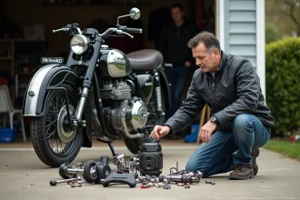 Homme examine un sidecar de moto classique dans un atelier