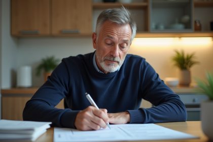 Homme d'âge moyen remplissant des papiers officiels à la maison