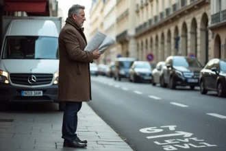 Homme parisien en manteau réfléchissant près d'une zone de livraison