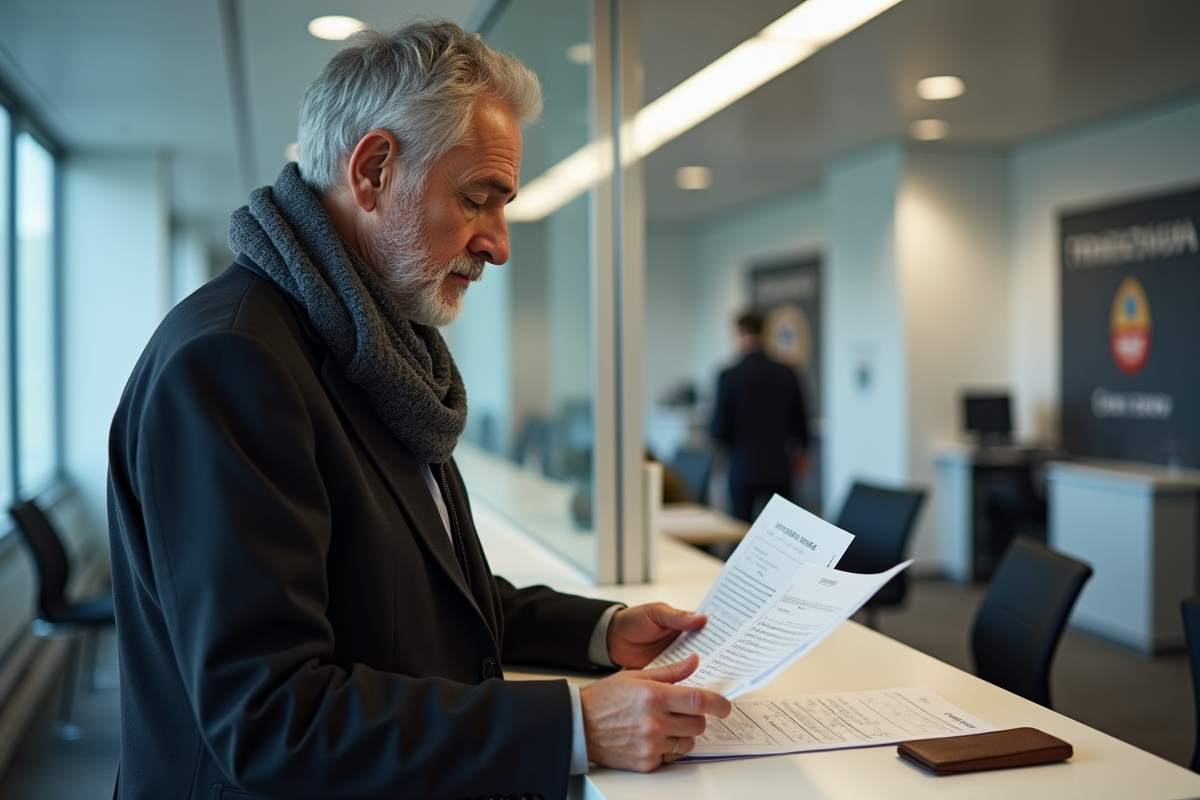 Homme d'âge moyen examinant des documents à la préfecture