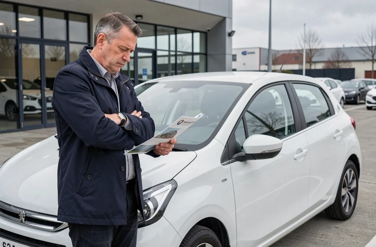 Homme examinant une brochure Peugeot 208 avec scepticisme dans un parking de concessionnaire, illustrant les erreurs de choix à éviter