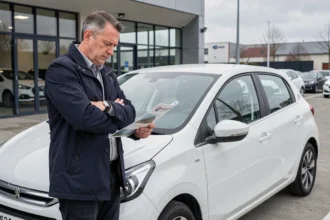 Homme examinant une brochure Peugeot 208 avec scepticisme dans un parking de concessionnaire, illustrant les erreurs de choix à éviter