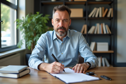 Homme d'âge moyen signant des documents importants dans un bureau