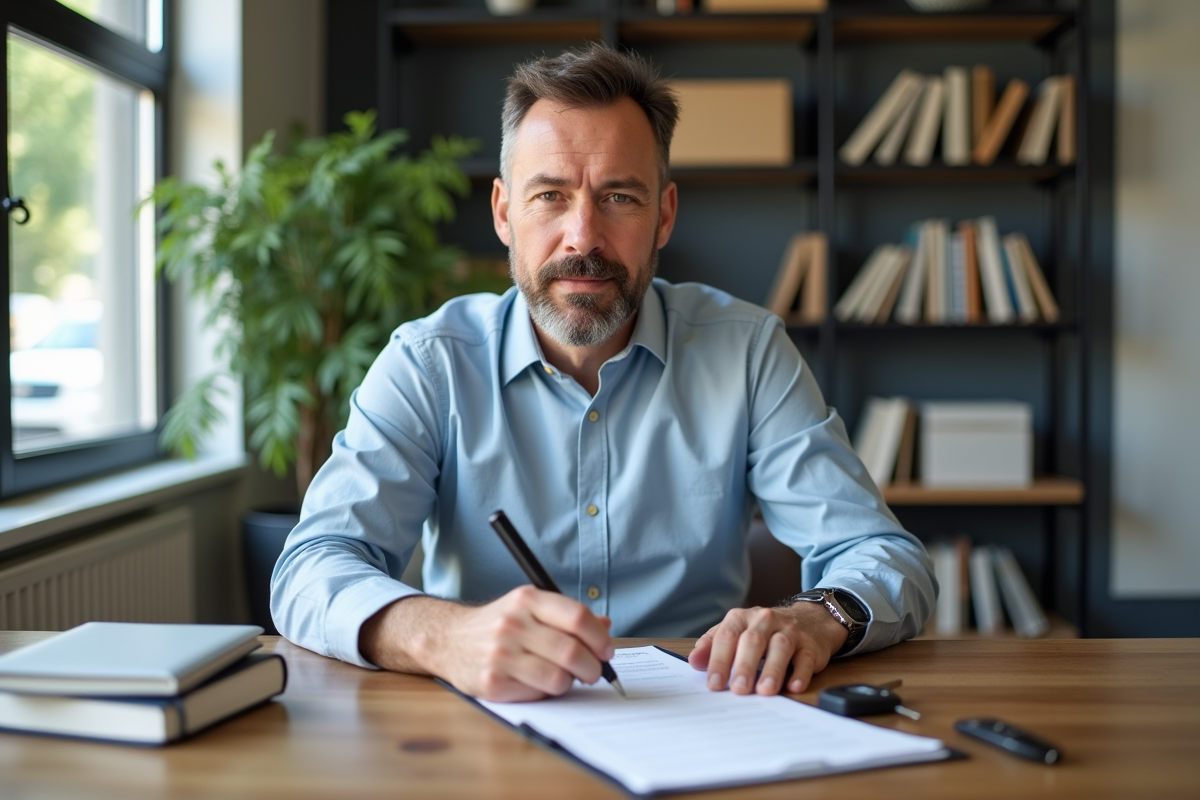 Homme d'âge moyen signant des documents importants dans un bureau