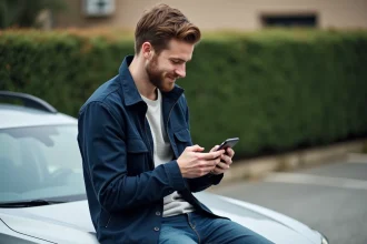 Homme utilisant son smartphone près d'une voiture dans une cour