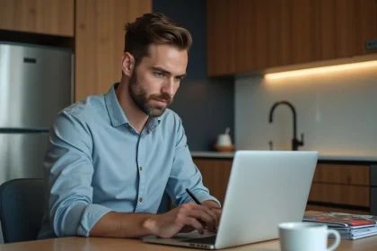 Homme concentré travaillant sur ordinateur dans une cuisine moderne