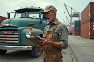Homme en overalls vérifiant un camion GMC au port