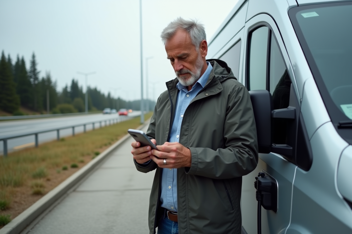 Homme vérifiant son smartphone près d'un van électrique en recharge