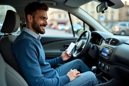 Homme dans sa voiture vérifiant la carte grise